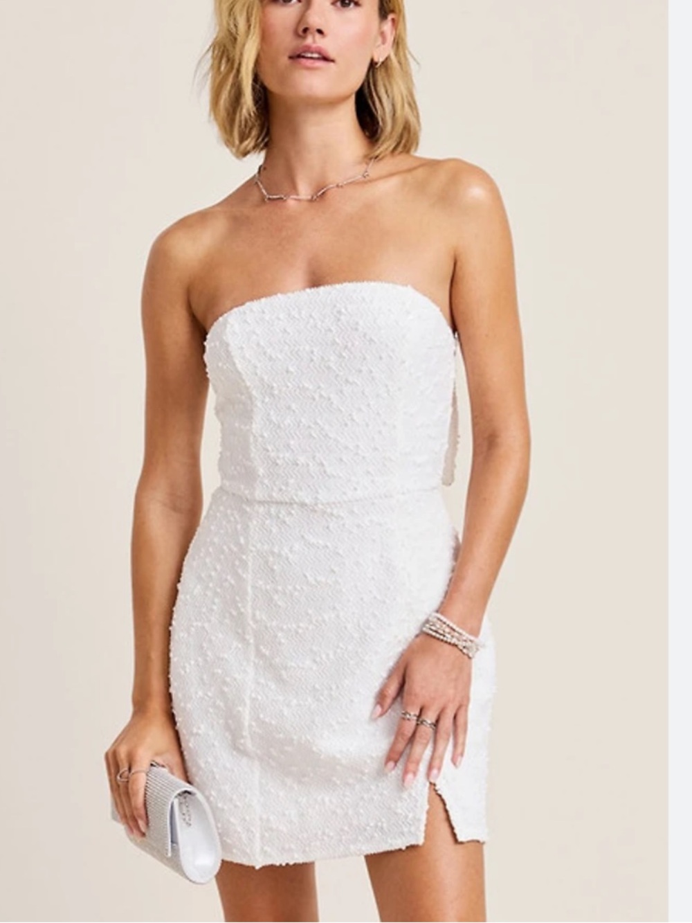 Francesca's Collections White Strapless Beaded Mini Dress